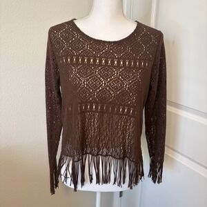 Mixit Womens Brown Crochet Knit Fringe Hem Top Long Sleeve Boho Festival Medium